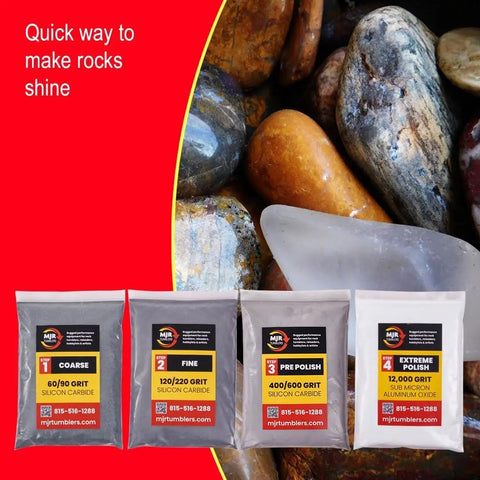 Extreme 12,000 Grit Aluminum Oxide Polish Refill Kit For Rock Tumblers with four stages of silicon carbide and polish packs displayed