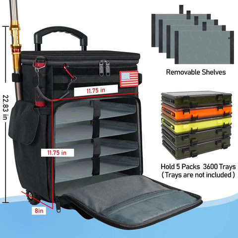 Rolling Tackle Box With Cooler And Wheels, Large Saltwater Ready Fishing Backpack With Rod Holders, open shelves view