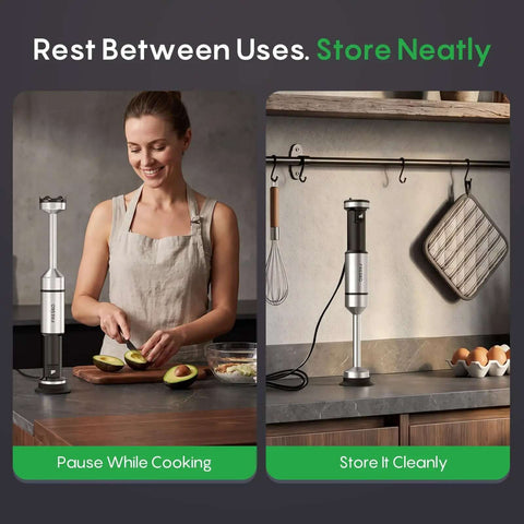 Total Game Changer Handheld Immersion Blender With Titanium Coated Blades And Variable Speed Trigger, silver finish, parked beside a cutting board.