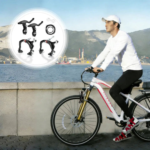 Cyclist with All In One Bicycle Brake Set For Front And Rear Caliper Brakes With Aluminum Alloy Levers for kids bikes in background