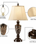 Farmhouse Table Lamp Set Of 2 With 3 Way Dimming Vintage Bedside Lamps With USB Ports And Included LED Bulbs For Bedroom Or Living Room End Tables No Fuss USB Charging For Cabin Decor, showcasing detailed features such as fabric shade, resin body, and dual USB ports.