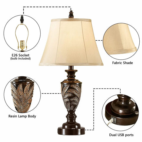 Farmhouse Table Lamp Set Of 2 With 3 Way Dimming Vintage Bedside Lamps With USB Ports And Included LED Bulbs For Bedroom Or Living Room End Tables No Fuss USB Charging For Cabin Decor, showcasing detailed features such as fabric shade, resin body, and dual USB ports.