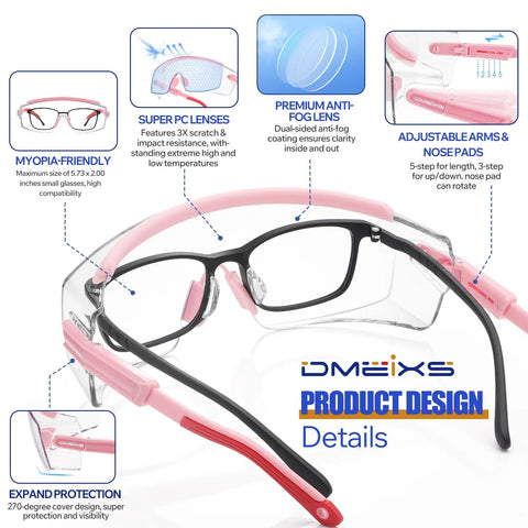 2 Pack Over Eyeglasses Safety Glasses With Anti Fog Coating, 100 Percent UV Shield, Pink, Adjustable Temples, Design Diagram