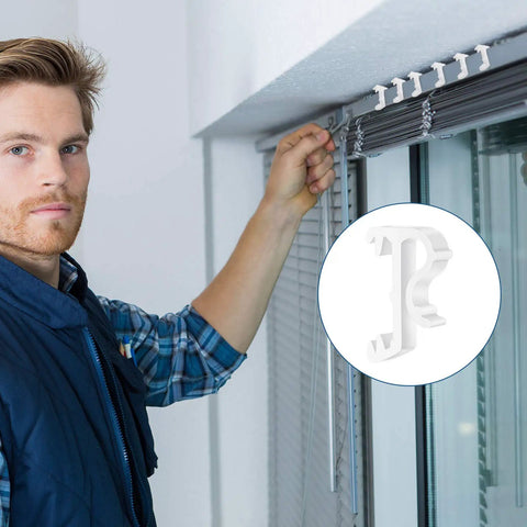 Top Shelf 12 Pack Of 1 Inch White Plastic Valance Clips For Window Blinds in use, securing blinds, heavy duty grip, easy setup.