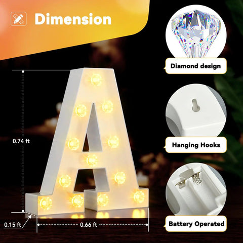 Lit Diamond Bulb Marquee Letter Lights With 26 Alphabet Characters LED letter A with diamond bulb design, hanging hooks, battery operated