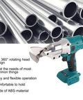Heavy Duty Cordless Electric Shears With 18V Battery And 360 Degree Rotating Head for snipping metal sheet, showcasing the tool among aluminum pipes.