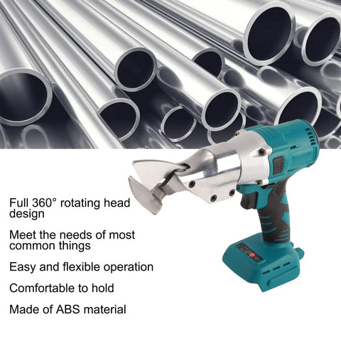 Heavy Duty Cordless Electric Shears With 18V Battery And 360 Degree Rotating Head for snipping metal sheet, showcasing the tool among aluminum pipes.