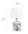 Welcome Home Rustic Ceramic Farmhouse Table Lamp With White Linen Shade, White Wash Ridged Base, dimensions 9.4 x 13.7 inches