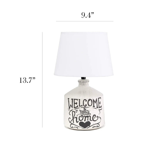 Welcome Home Rustic Ceramic Farmhouse Table Lamp With White Linen Shade, White Wash Ridged Base, dimensions 9.4 x 13.7 inches