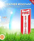 Metal Fire Extinguisher Sign 4 Pack, 12 By 4 Inch Aluminum, Rust Free Heavy Duty, Reflective Waterproof Weatherproof, Fade Resistant in outdoor setting