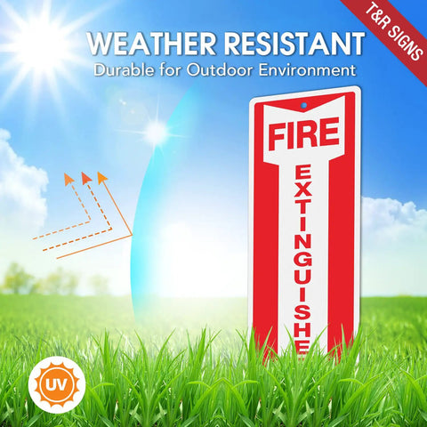 Metal Fire Extinguisher Sign 4 Pack, 12 By 4 Inch Aluminum, Rust Free Heavy Duty, Reflective Waterproof Weatherproof, Fade Resistant in outdoor setting