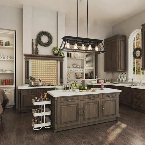 Kitchen with Five Light Farmhouse Pendant Ceiling Fixture For Dining Room Over Table And Kitchen Island Modern Black Chandelier