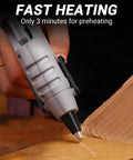 Person using 20W High Temp Mini Glue Gun Kit With 55 Inch Cord Anti Drip Nozzle Includes 30 Glue Sticks For Crafting DIY Projects School Art Quick Home Repairs Portable Gray Hot Glue Gun on cardboard, fast heating feature highlighted.