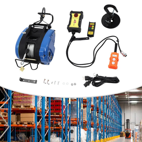 Huge 1100 Lb Electric Winch With Wireless Remote And 98 Foot Cable, Powerful 1800W Motor for heavy lifting equipment in factory.
