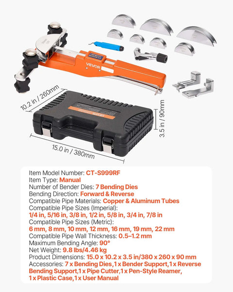 VEVOR Ratcheting Tubing Bender Kit For 1/4 To 7/8 Inch With 7 Aluminum Dies in compact carrying case with tools.