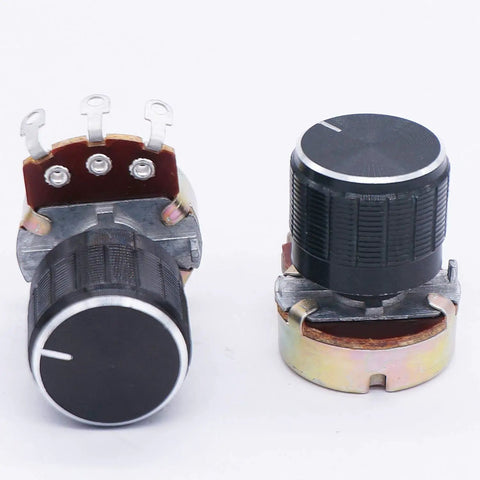 Wh138 100K Ohm Potentiometer Set Three Pack, front and side view with black aluminum knob caps, 24x10mm body, 8mm thread.
