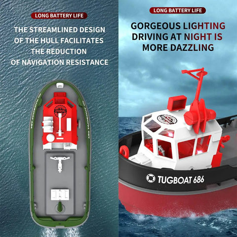 1/72 scale electric RC Tugboat for adults with 2.4 GHz controller, showcasing LED lights and realistic detailing on water.