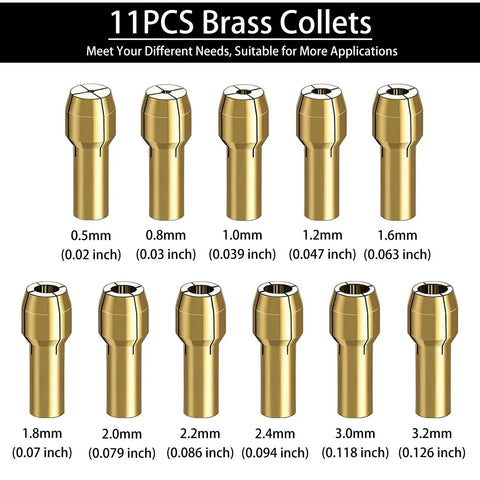 11 brass collets from 0.5mm to 3.2mm sizes for 16Pcs Drill Chuck Collet Set with 0.5mm to 3.2mm Brass Collets for rotary tools