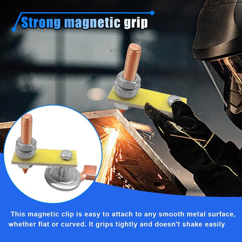 Heavy Duty Welding Magnetic Ground Clamp Set With Copper Tail, Ultra Strong Suction Magnet Head in use, showing strong magnetic grip.