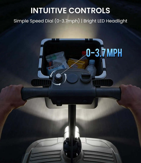 Go-To Long Range Folding Mobility Scooter For Seniors And Adults, handlebars with speed dial and LED headlight, night ride.