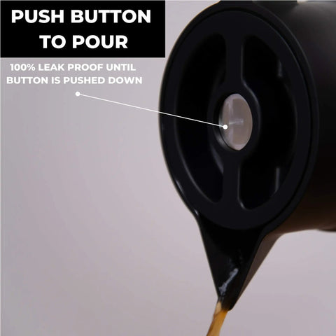 Close-up of 68 Oz Stainless Steel Insulated Coffee Carafe With Tea Infuser and Strainer highlighting push button pour feature