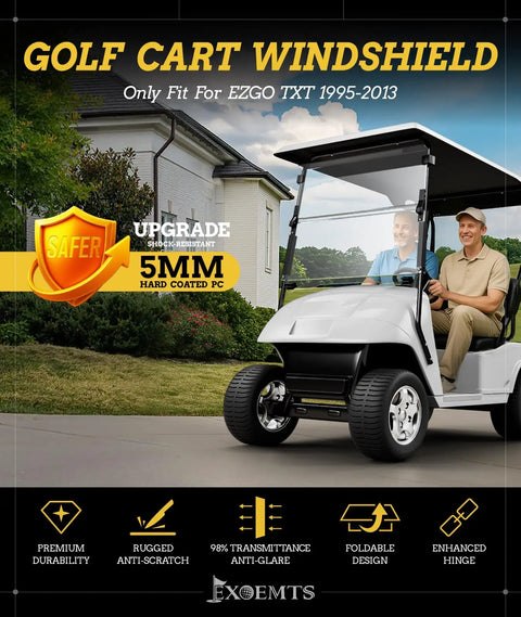 Solid Rider EZGO TXT Golf Cart Windshield For 1995 To 2013 Gas And Electric Models, 5mm polycarbonate, rugged design.