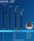 5Pcs Harmonic Balancer Installer Tool Set With Long Reach Crank Pulley Damper Puller Kit Pro Grade Includes Four Adapters Nut Bearing Assembly And Gloves Heavy Duty Underdrive Pulley Installer For Ford GM Dodge And Chrysler V8 And V6 Engines showing threaded rods and hex nut with size chart