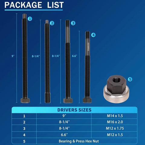 5Pcs Harmonic Balancer Installer Tool Set With Long Reach Crank Pulley Damper Puller Kit Pro Grade Includes Four Adapters Nut Bearing Assembly And Gloves Heavy Duty Underdrive Pulley Installer For Ford GM Dodge And Chrysler V8 And V6 Engines showing threaded rods and hex nut with size chart