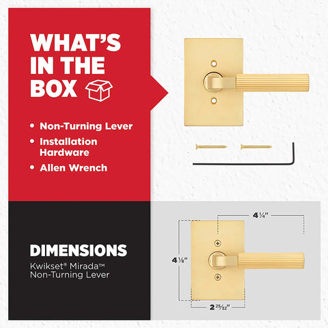 Reeded Dummy Door Lever for Closets and French Double Doors Satin Brass No Latch Non Turning Interior Push Pull Handle Single Sided Inactive Reversible Design for Pantry and Interior Doors Easy Fit No Fuss, box contents and dimensions