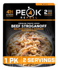 Hearty Beef Stroganoff Freeze Dried Backpacking Meal Just Add Water Made With Real Meat, packaging showing rotini noodles and mushrooms.