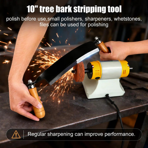 10 Inch Draw Knife With Curved Blade Debarking Tool Grippy Ergonomic Handle being sharpened on grinder