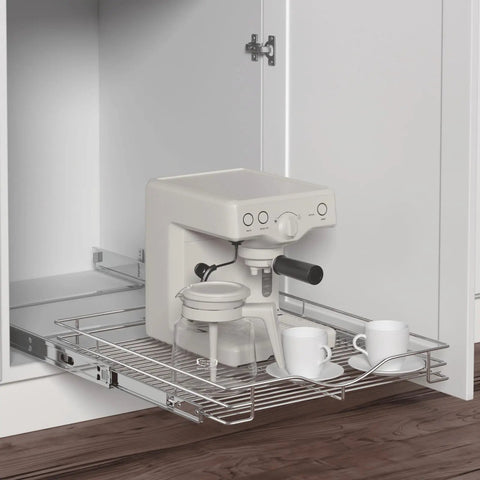 Top Notch Heavy Duty Pull Out Cabinet Organizer One Tier Smooth Glide Chrome Wire Drawer Shelf For Kitchen Pantry And Bathroom with coffee maker and cups