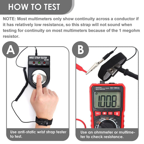Testing 11 Inch Anti Static Wrist Strap Grounding Bracelet with multimeter and wrist strap tester for ESD protection