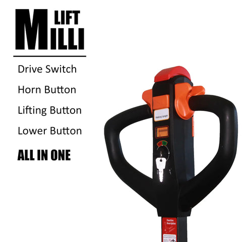 Millilift Electric Pallet Jack With Heavy Duty 3300lb Load Capacity Reinforced Steel Forks For Warehouse Logistics Material Handling Controls