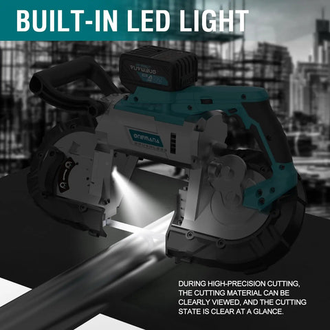 5 Inch Cordless Band Saw With 20V Brushless Motor Not Hot Sparks Portable Deep Cut Tool For Wood And Metal 6 Speeds Adjustable Battery Included On Site with built-in LED light cutting metal