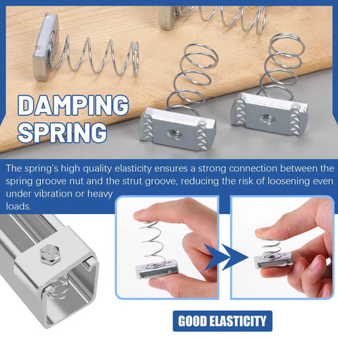 16 Piece Spring Strut Channel Nut Kit With One Quarter Five Sixteenth Three Eighth And Half Inch Threads For Solar Panel Mounting showing damping springs with high elasticity.