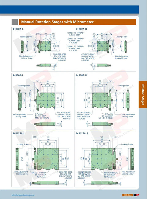 Technical drawings of Manual Rotation Stage With 360 Degree Coarse Rotation Plus Or Minus 5 Degree Fine Lock, 60 mm table.