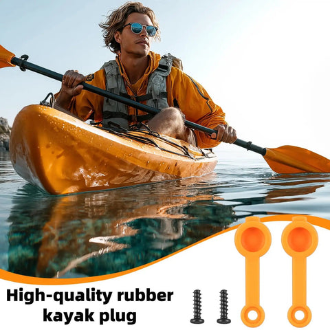 Kayaker paddling with orange kayak; inset shows Four Pack Orange Silicone Kayak Plugs With Screws Drain Plug Kit For Canoes And Kayaks Easy Seal Waterproof Hardware Spare Replacement Set For Quick Fixes.