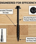 Pack Of 50 No 14 X 8 Wood Structural Screws with serrated threads and knurled shank for decks and fences, alloy steel, hex head