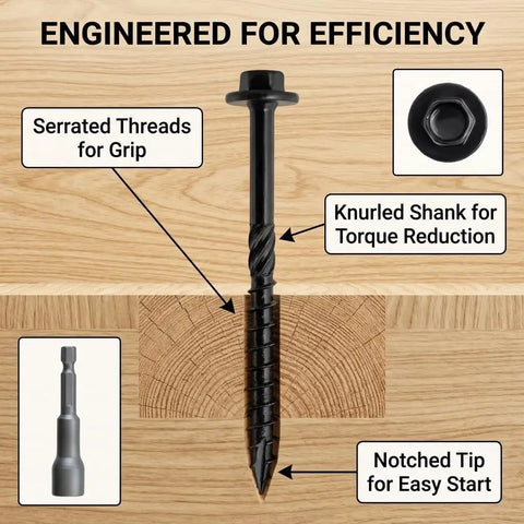 Pack Of 50 No 14 X 8 Wood Structural Screws with serrated threads and knurled shank for decks and fences, alloy steel, hex head