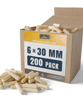 Open box of Fluted Birch Hardwood Dowel Pins 6mm By 30mm And Quarter Inch By One Point One Eight Inch 200 Pack Bulk Craft Dowels