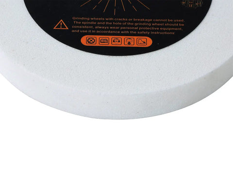 Close-up view of Heavy Duty 6 Inch Bench Grinder Wheel 80 Grit White Aluminum Oxide Vitrified Ceramic used for tool sharpening.