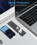 Recessed Desk Power Strip With USB Ports And Flush Mount 6ft Cord, 3 AC Outlets Plus 2 Fast Charge USB Ports next to laptop and phone