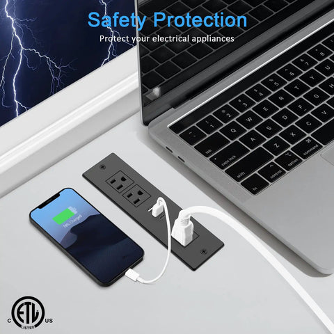 Recessed Desk Power Strip With USB Ports And Flush Mount 6ft Cord, 3 AC Outlets Plus 2 Fast Charge USB Ports next to laptop and phone