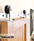 Brushed Nickel Non Bypass Sliding Barn Door Hardware Kit For One Door 7ft Flat Track T Shape Rollers installed, wooden door