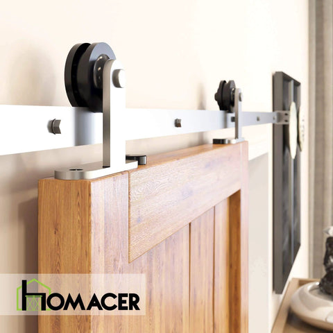 Brushed Nickel Non Bypass Sliding Barn Door Hardware Kit For One Door 7ft Flat Track T Shape Rollers installed, wooden door