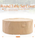 Round Patio Furniture Cover for 84 Inch Round Table and Chairs Set, waterproof, UV resistant, windproof cover in beige with cinch straps.
