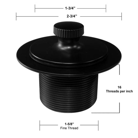 Matte Black Twist And Close Bathtub Drain Stopper Kit Featuring Matching Overflow Faceplate Plus Adapter Bushing For That Slick Bathroom Refresh And Definitely No Fuss Installation Plumbers Choice Gear Handled In A Bulk 50 Pack with dimensions and fine thread details.