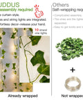 Comparison of ivy vine curtain lights setup; left shows 10 strand pre-wrapped lights and right shows separate vines and lights.