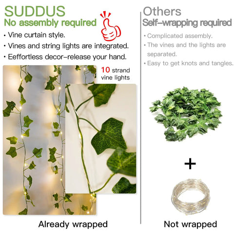 Comparison of ivy vine curtain lights setup; left shows 10 strand pre-wrapped lights and right shows separate vines and lights.